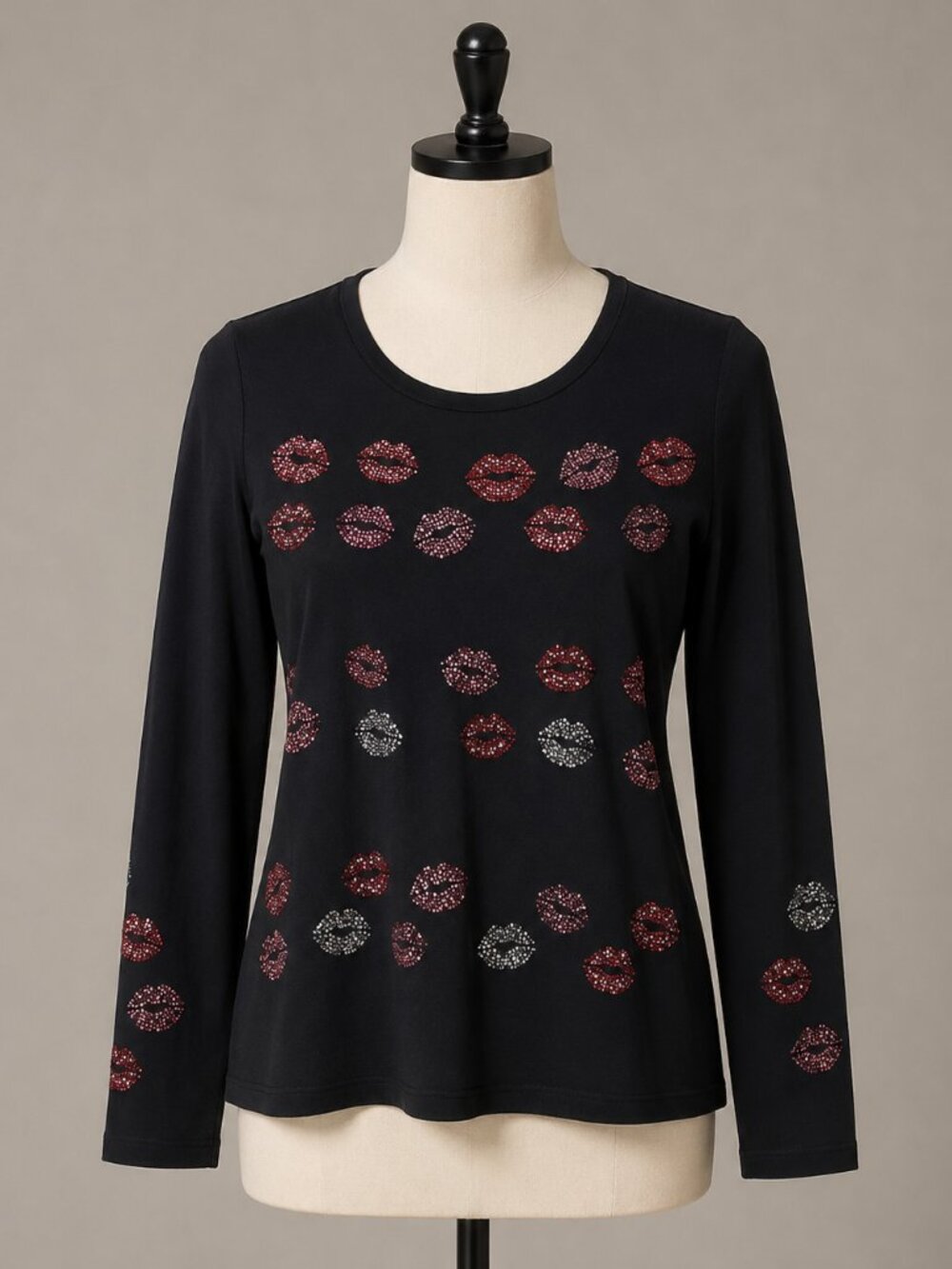 Kiss Lips Rhinestone Top Black Long Sheer Sleeve Novelty Shirt Glam Y2K Boutique